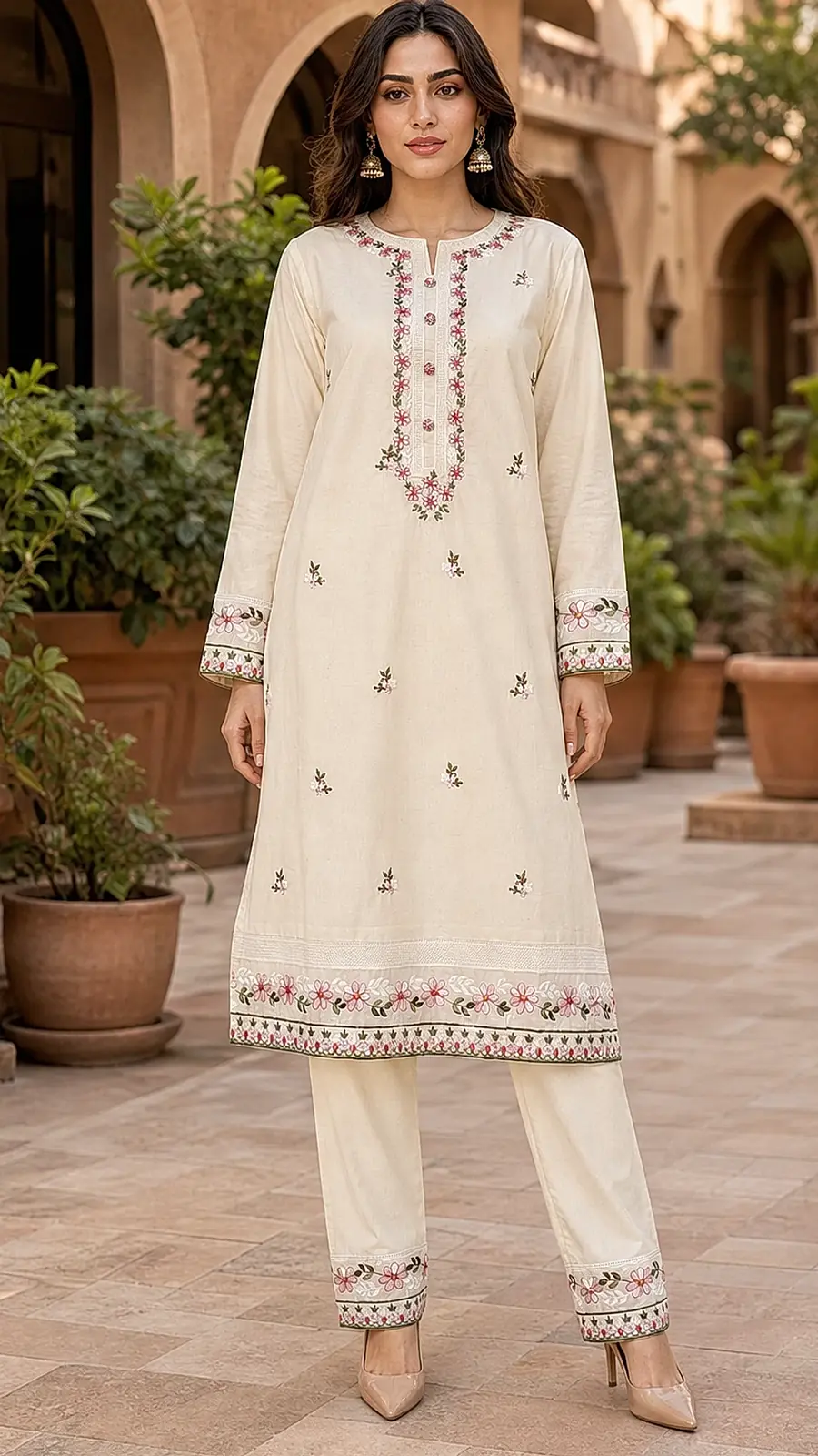 Cream Embroidered Cotton Kurta Pant Set