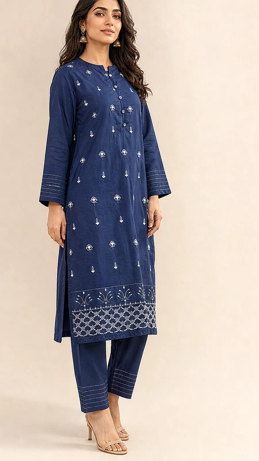 Navy and Embriodered 2 Pcs Egyptian Soft Cotton Lawn Suit