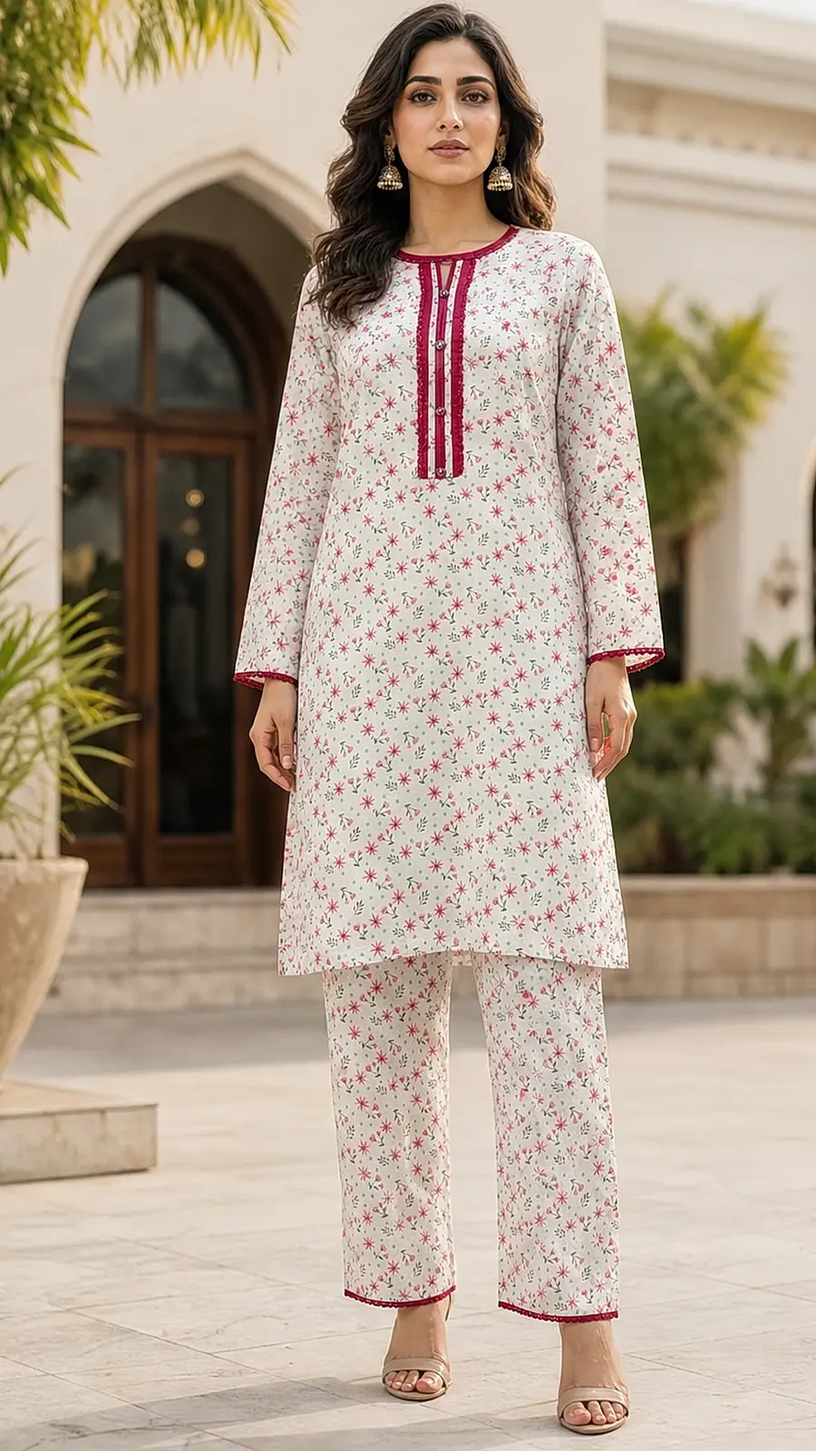 White_Red 2 Pcs Coord  Soft Cotton Lawn Suit