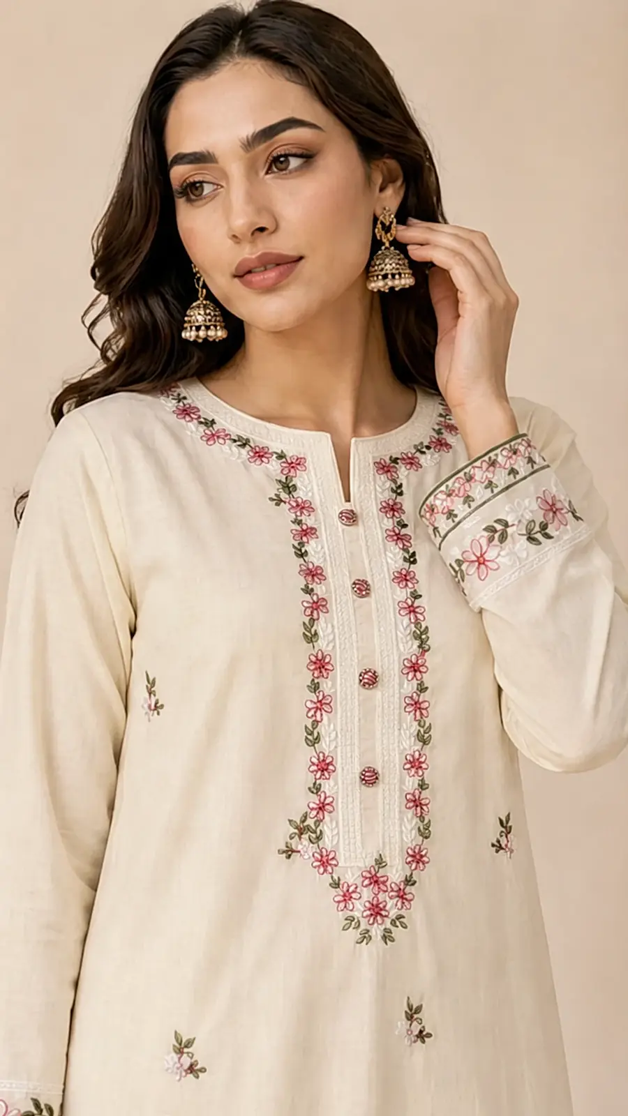 Cream Embroidered Cotton Kurta Pant Set