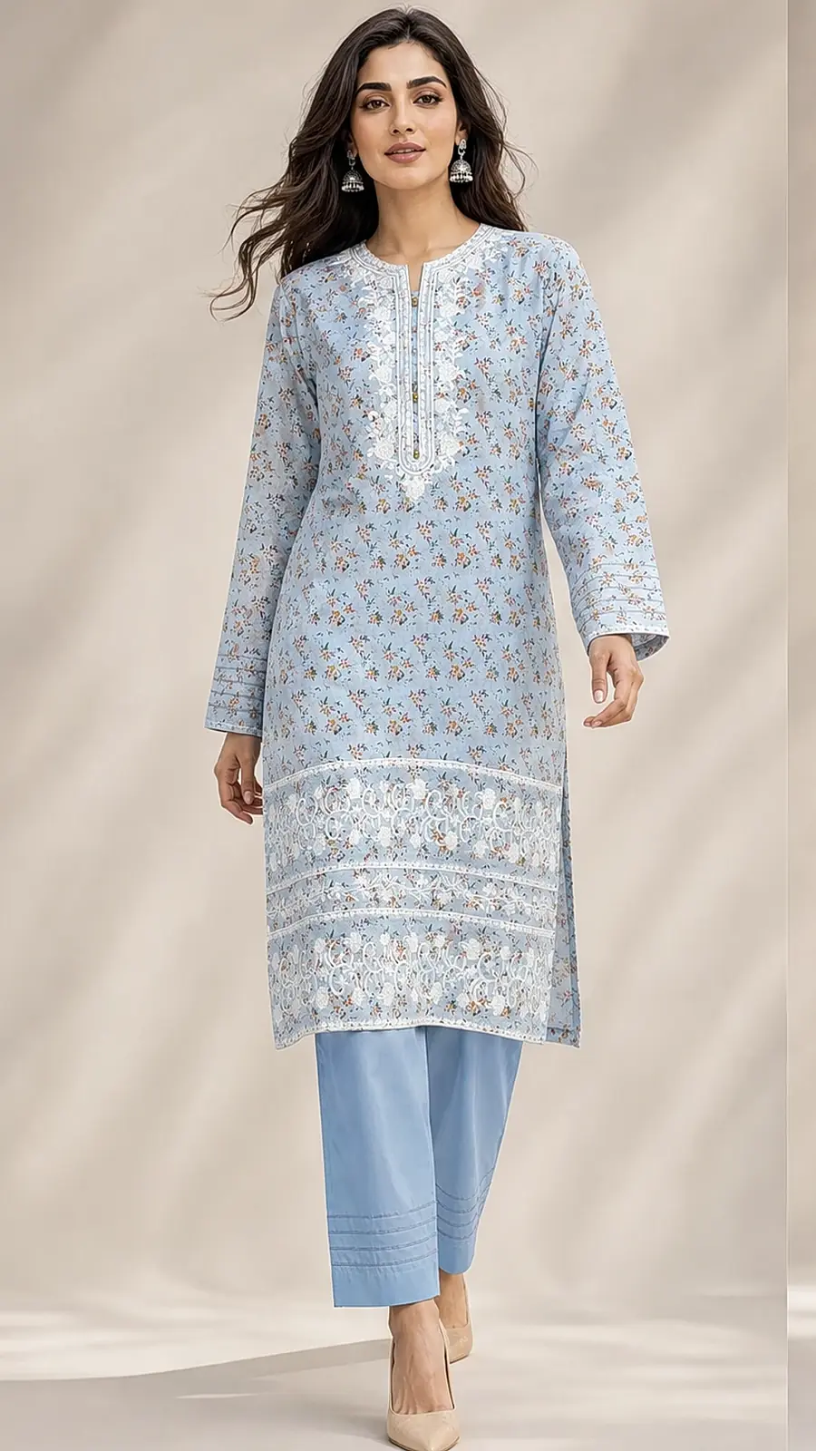 Blue Printed Embroidered 2-Piece Cotton Lawn Suit