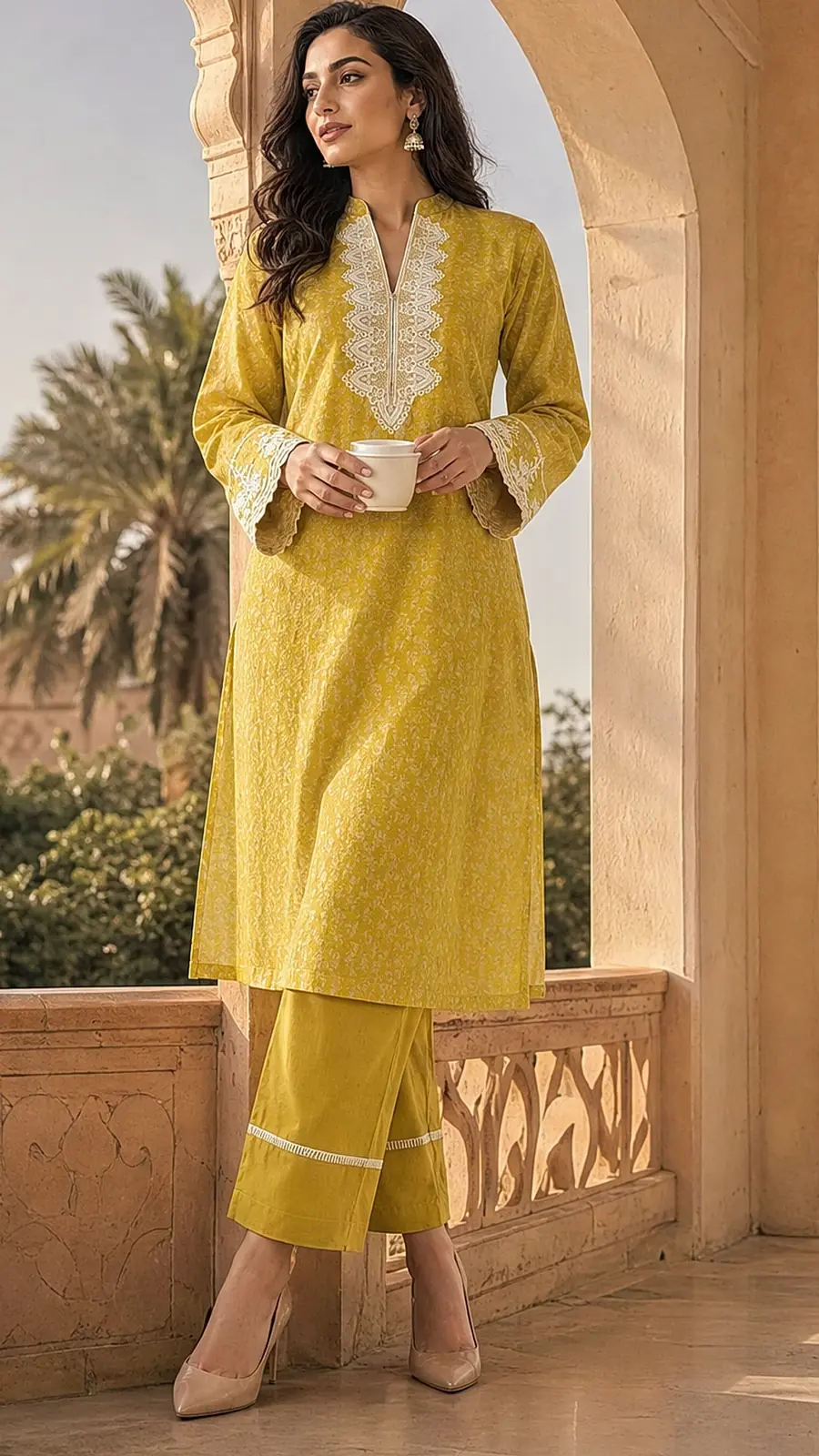 Mustard printed and Embriodered 2 Pcs Egyptian Soft Cotton Lawn Suit