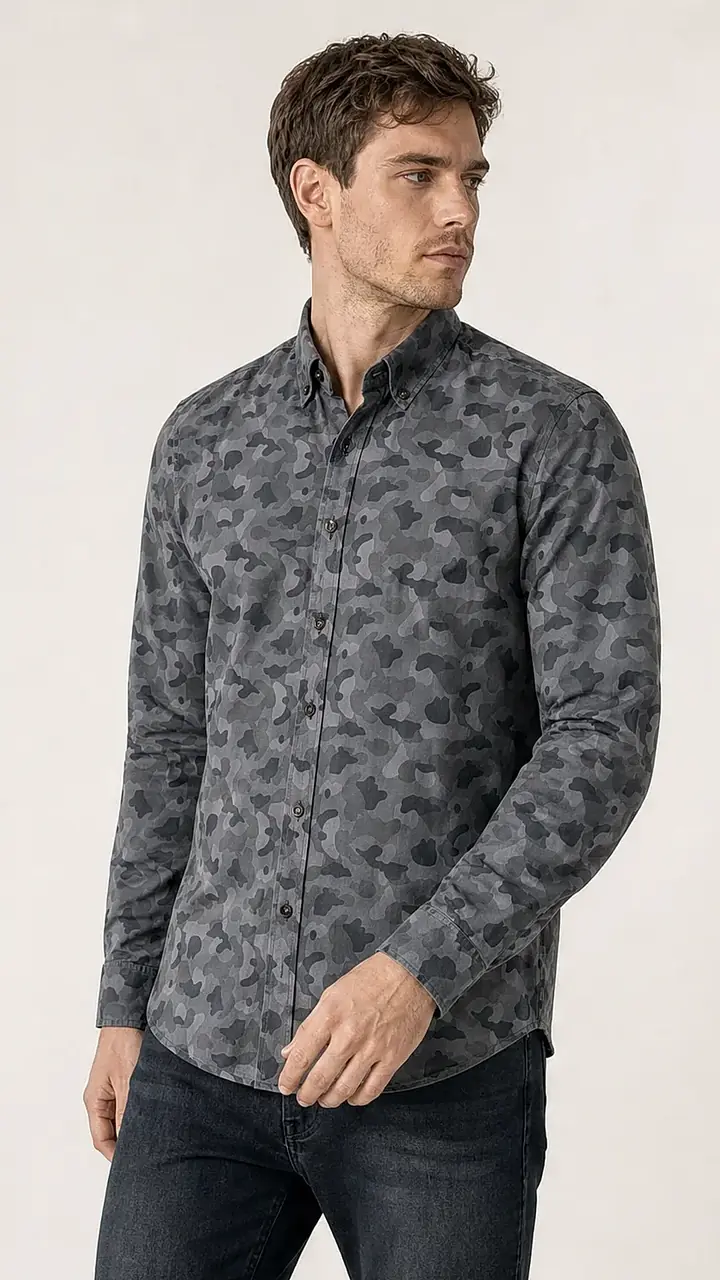 Recipe Men's Grey Camouflage Full Sleeve Casual Shirt