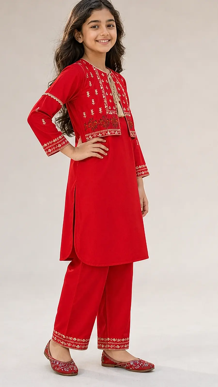 Girls Red Embroidered Kurta Pant Set