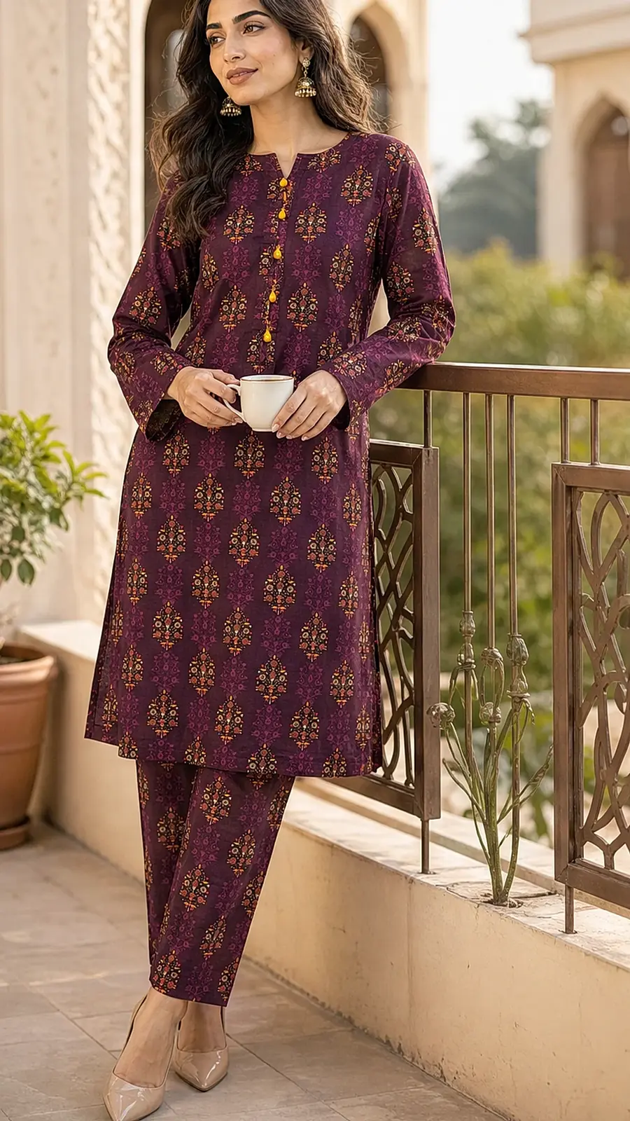 Plum Printed Cotton Lawn Co-ord Suit