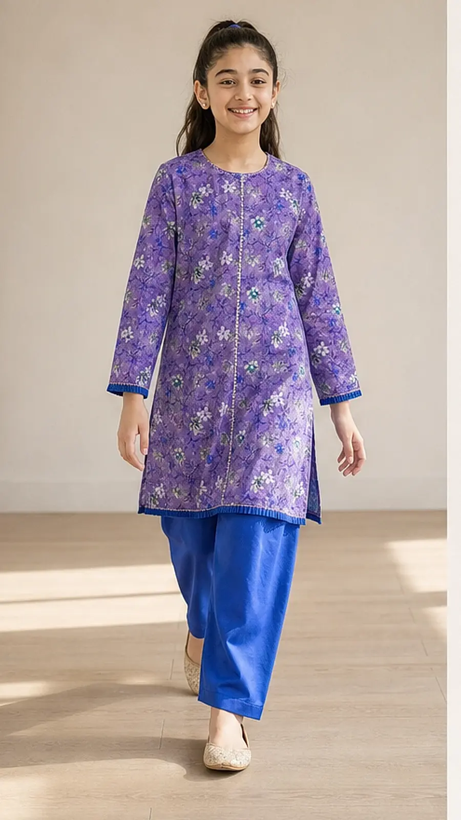Girls Purple Floral Kurta Blue Pant Set