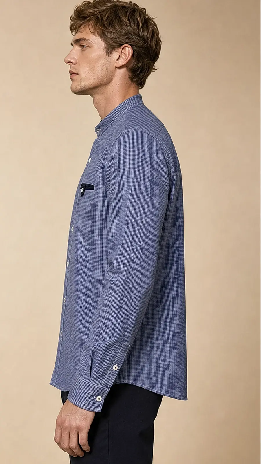 Blue Bajra Check Band Collar Shirt