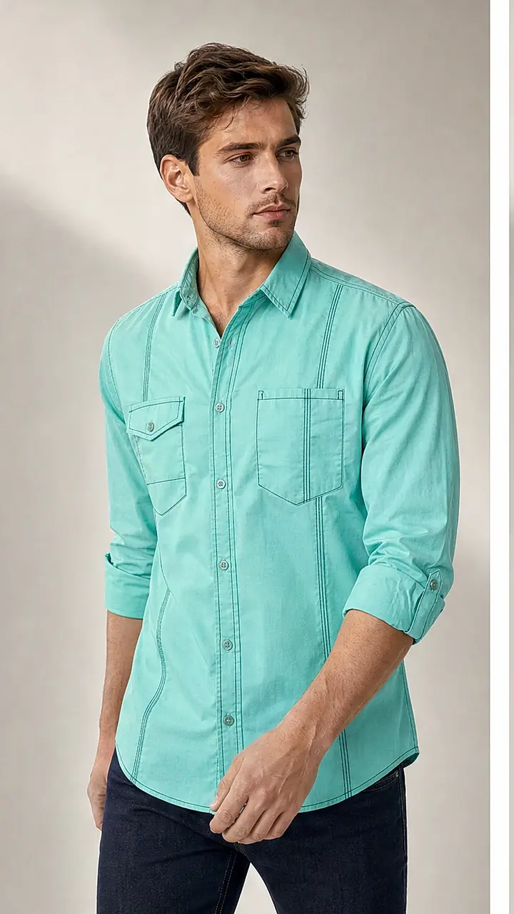 Green Shirt with navy Contrast Stitch and Fine Weaved Egyption Cotton Fabric Casual Shirt
