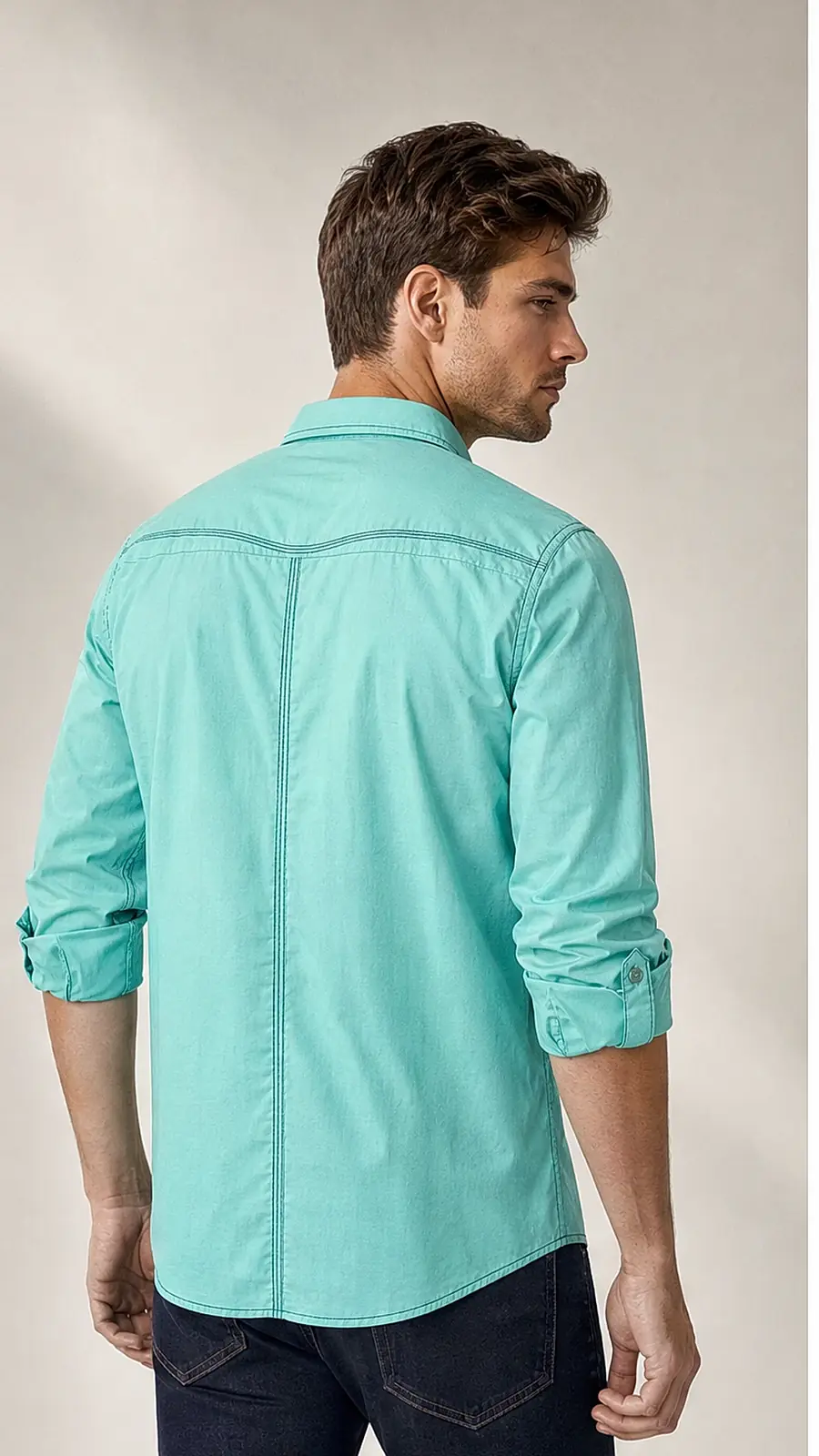 Green Shirt with navy Contrast Stitch and Fine Weaved Egyption Cotton Fabric Casual Shirt