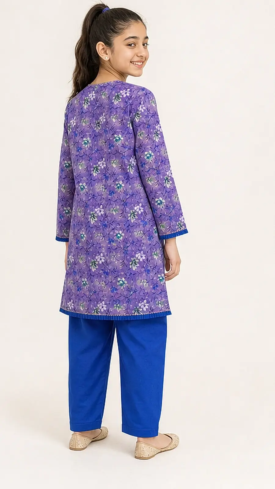 Girls Purple Floral Kurta Blue Pant Set