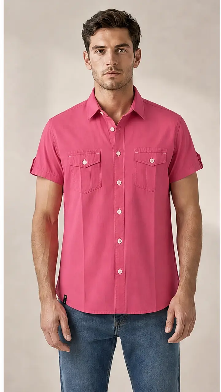 Pink Pigment Dyed Fine Weaved Egyption Cotton Fabric Half Sleeve Casual Shirt