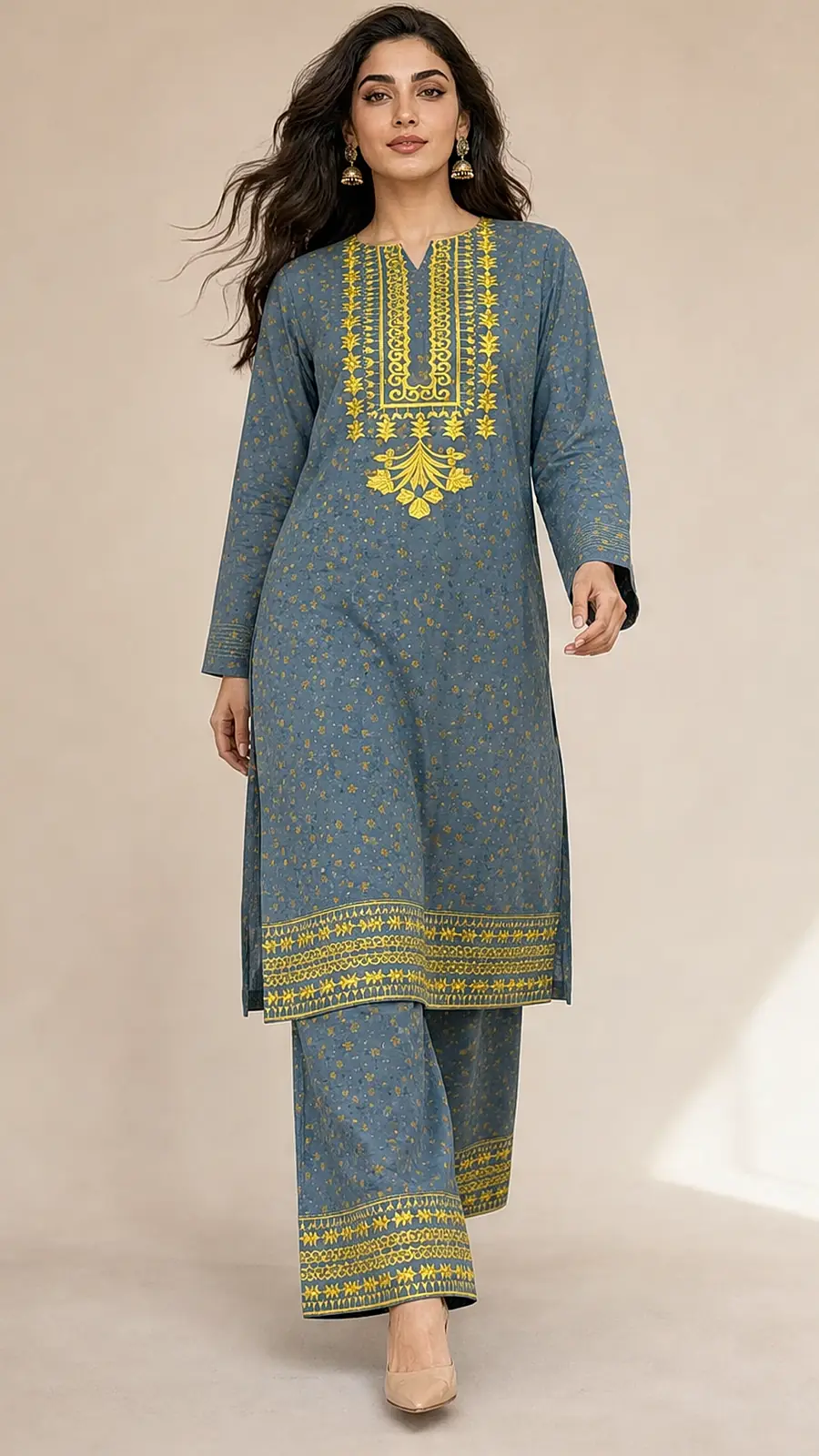 Gray printed and Embriodered 2 Pcs Egyptian Soft Cotton Lawn Suit