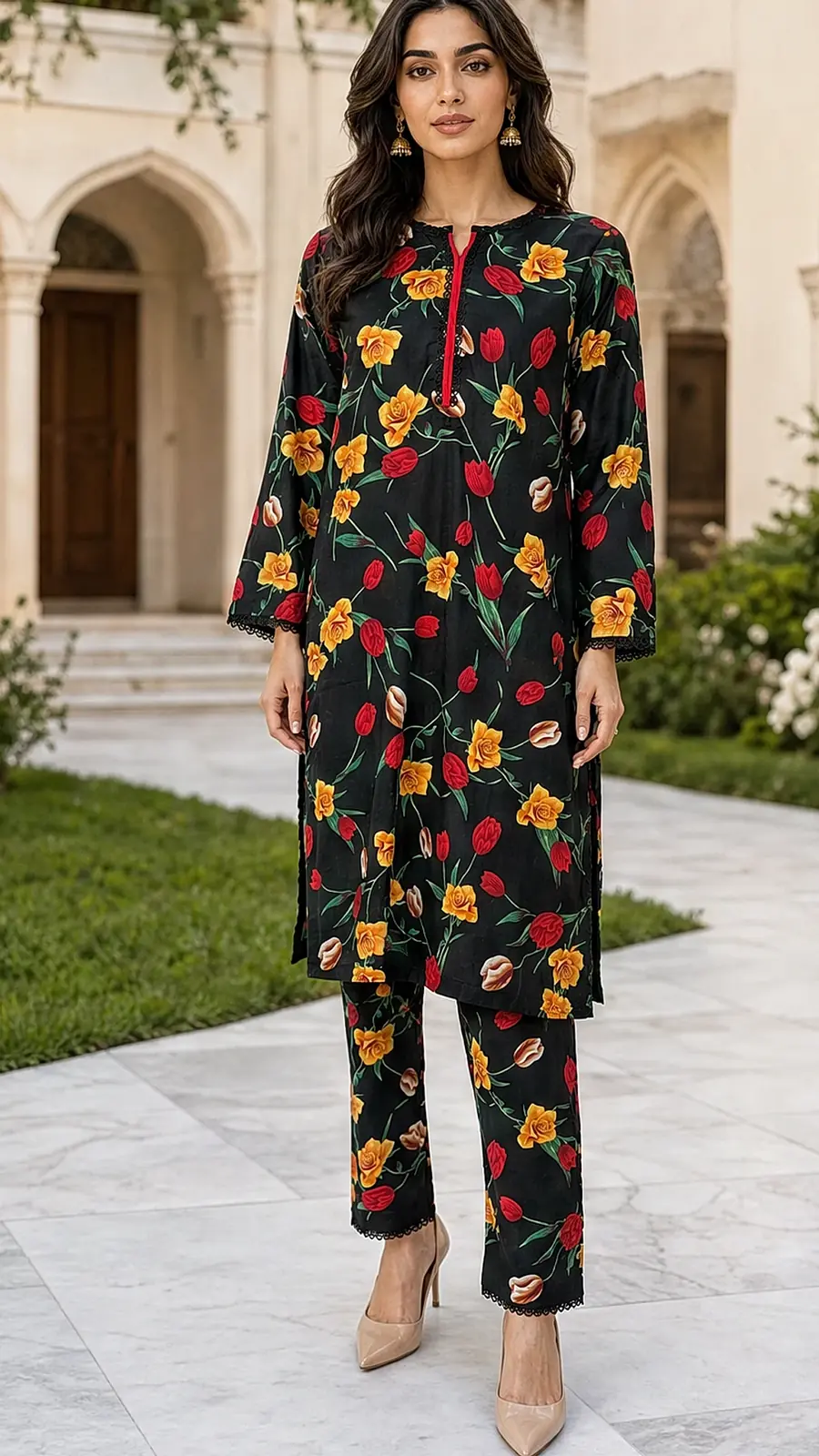 Black Floral Two Piece Cotton Lawn Coord Set