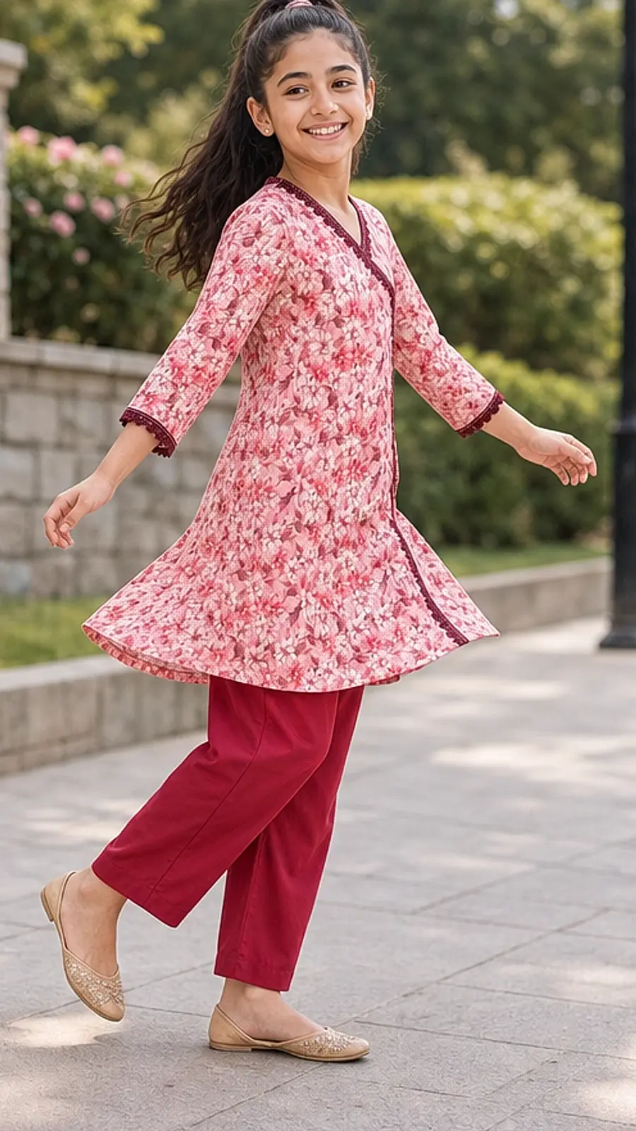 Girls Crimson Floral Angrakha Shalwar Set