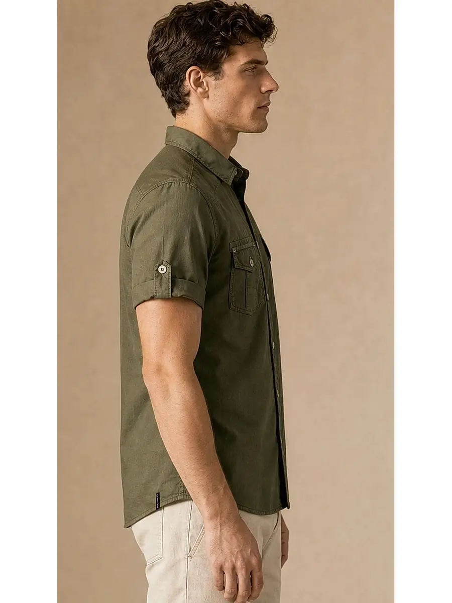 Olive Half Sleeve Pigment dyed Egyptian Cotton Shirt
