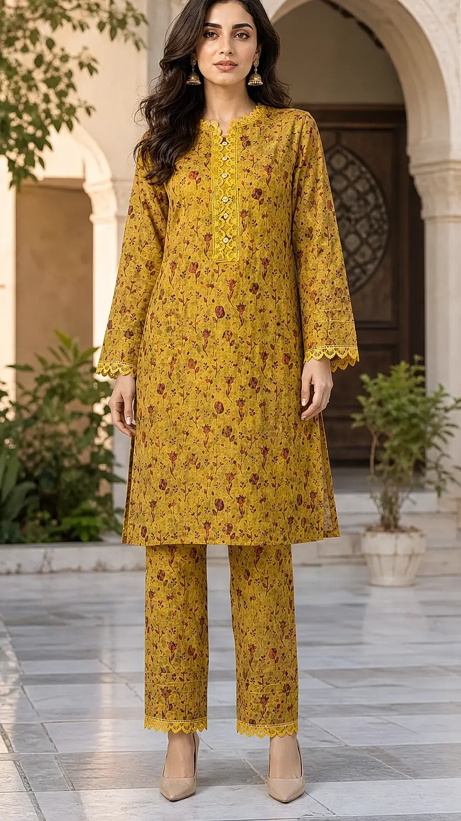 Mustard_Red 2 Pcs Coord  Soft Cotton Lawn Suit