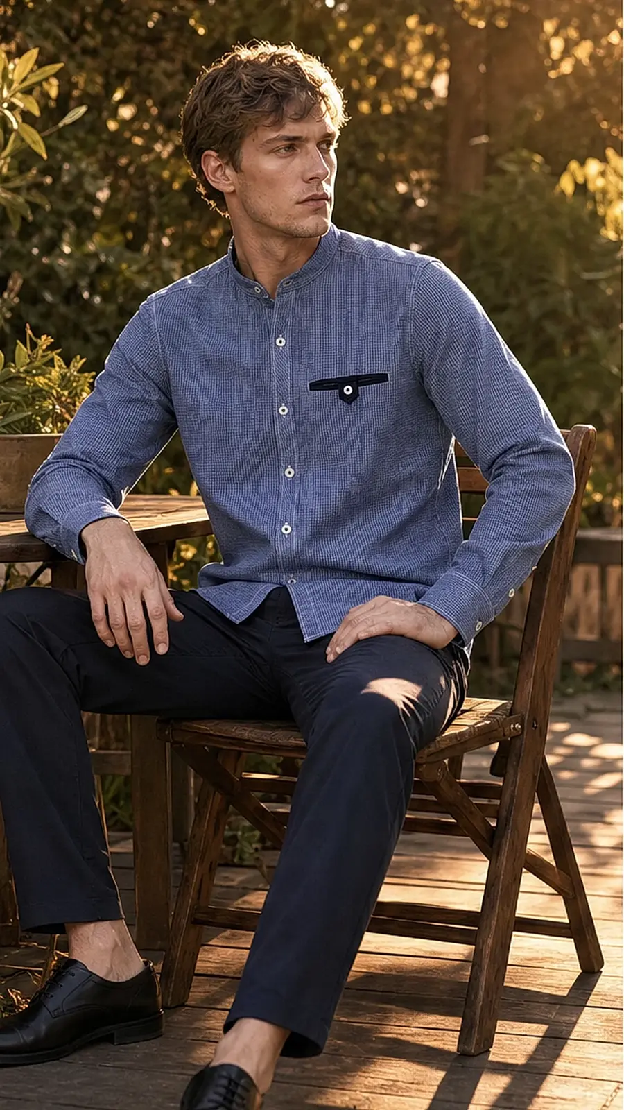 Blue Bajra Check Band Collar Shirt