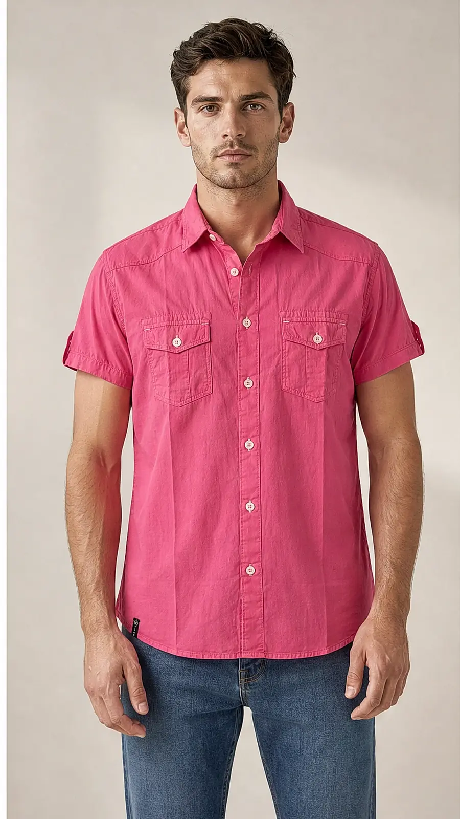 Recipe Men's Fuchsia Short Sleeve Utility Button-Down Shirt