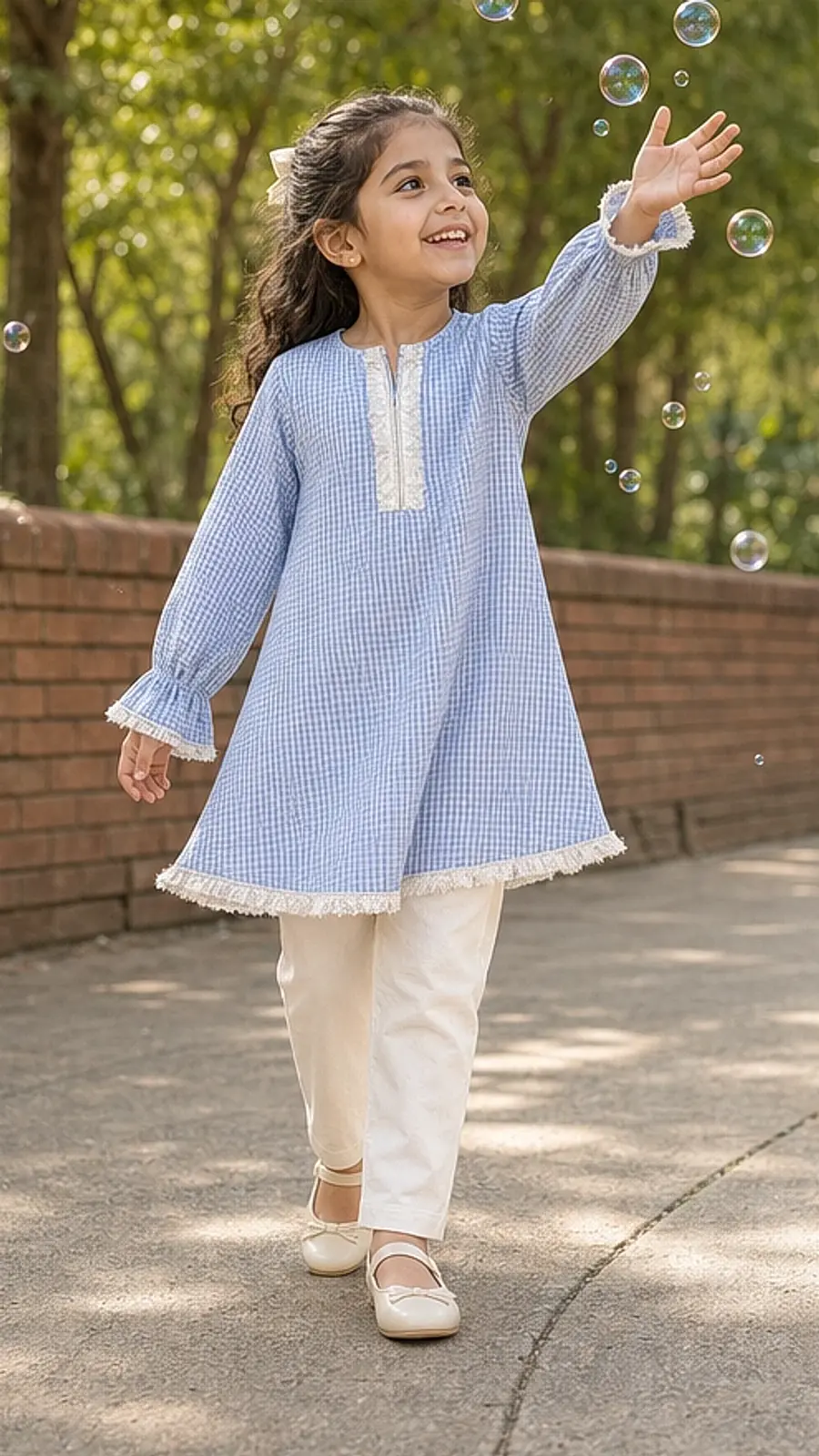 Girls Gingham Kurta Trouser Set