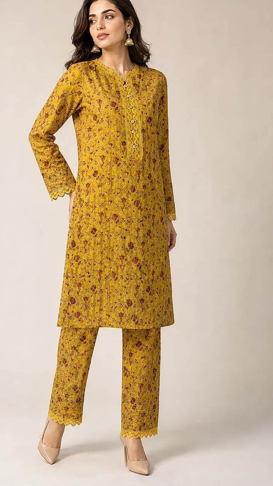Mustard_Red 2 Pcs Coord  Soft Cotton Lawn Suit