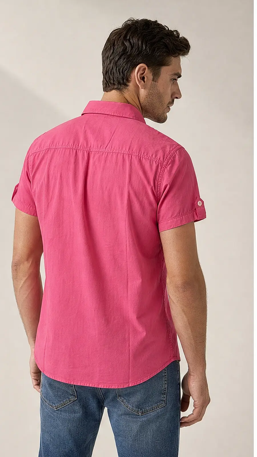 Recipe Men's Fuchsia Short Sleeve Utility Button-Down Shirt