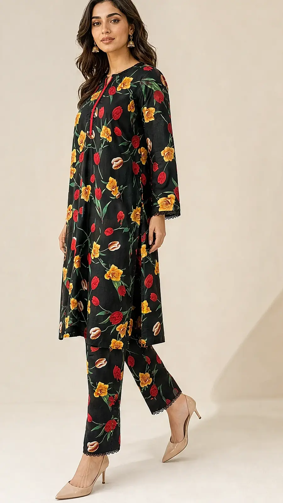 Black Floral Two Piece Cotton Lawn Coord Set