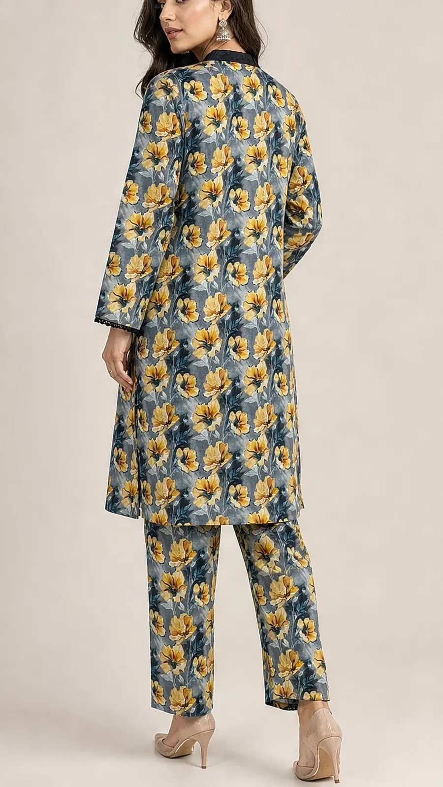 Gray_Yellow 2 Pcs Coord  Soft Cotton Lawn Suit