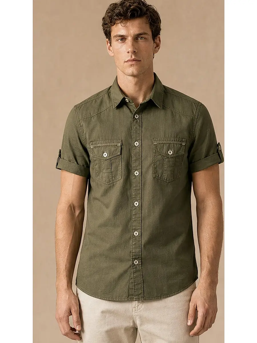 Olive Half Sleeve Pigment dyed Egyptian Cotton Shirt