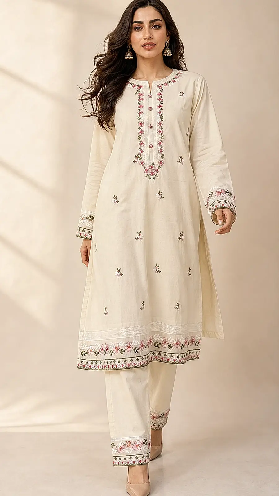 Cream Embroidered Cotton Kurta Pant Set