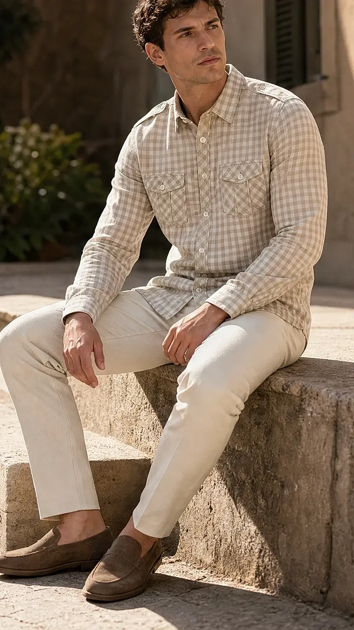Beige White Gingum Check Egyption Cotton Shirt