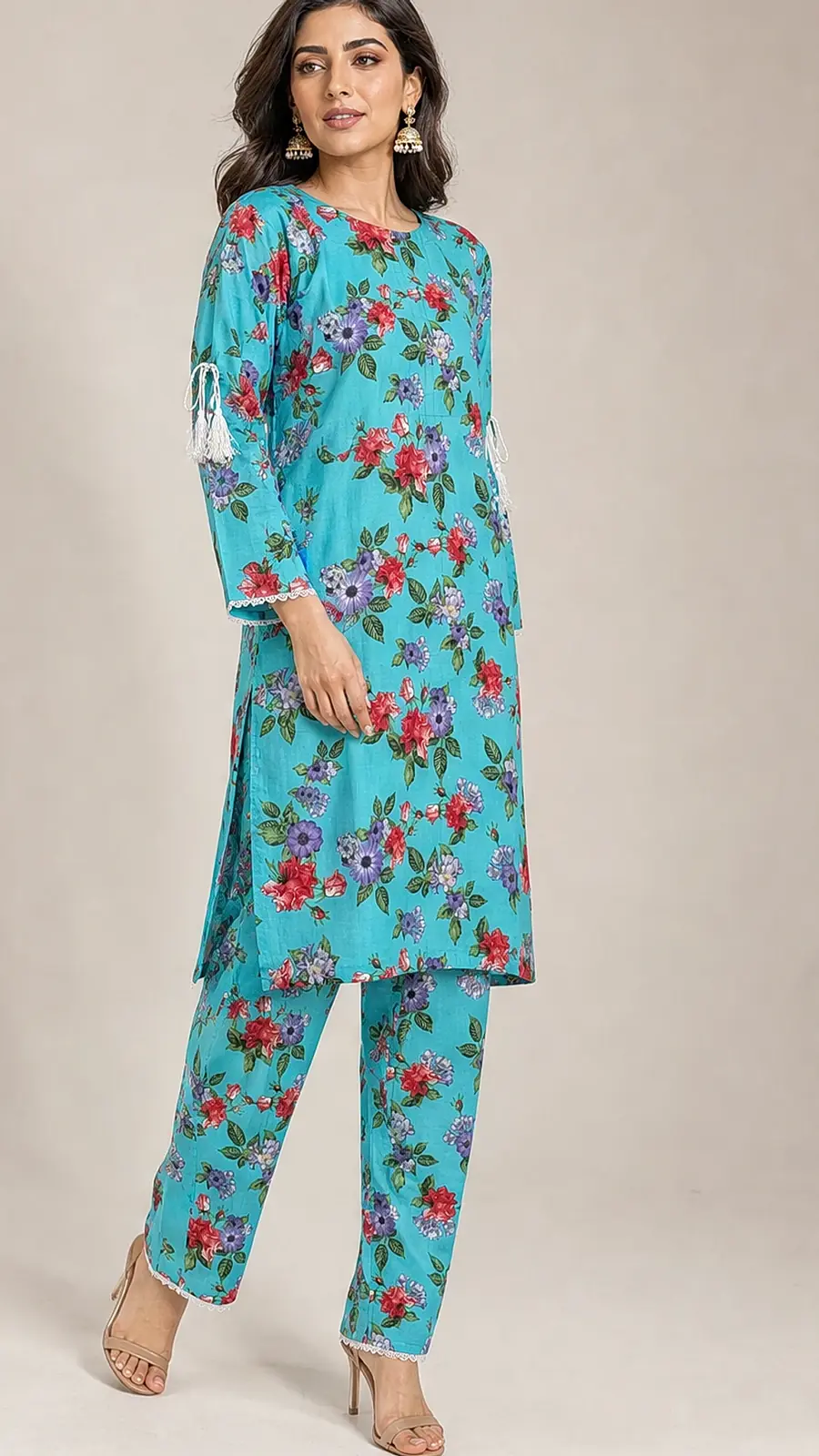 Turquoise Floral Cotton Lawn Co-ord Set