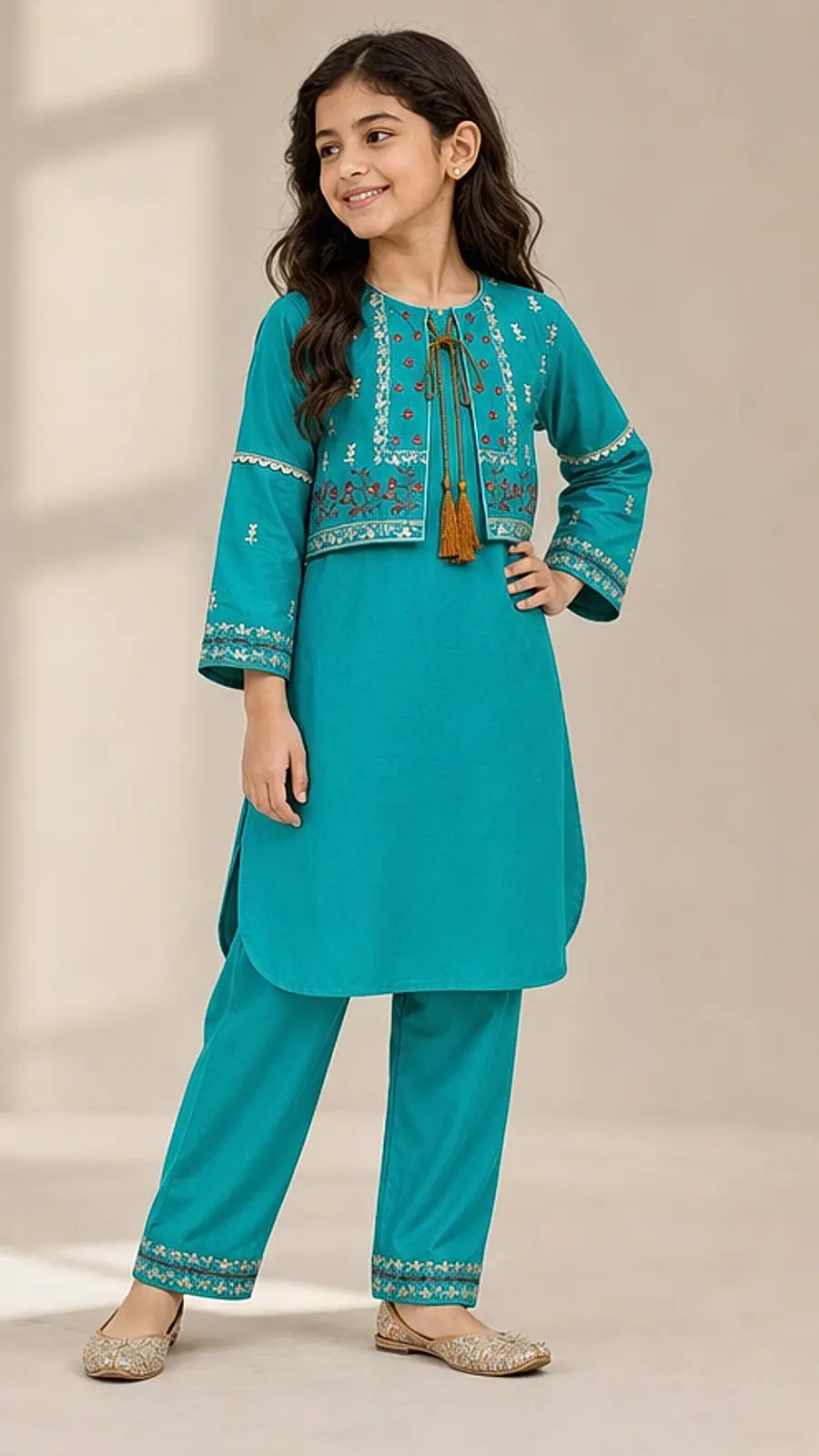 Teal Embroidered Girls Kurta Pant Set