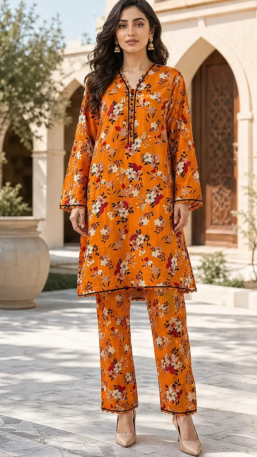Orange Floral Cotton Lawn Two Piece Coord Suit