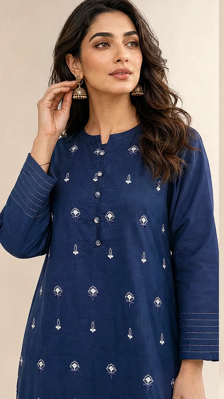 Navy and Embriodered 2 Pcs Egyptian Soft Cotton Lawn Suit