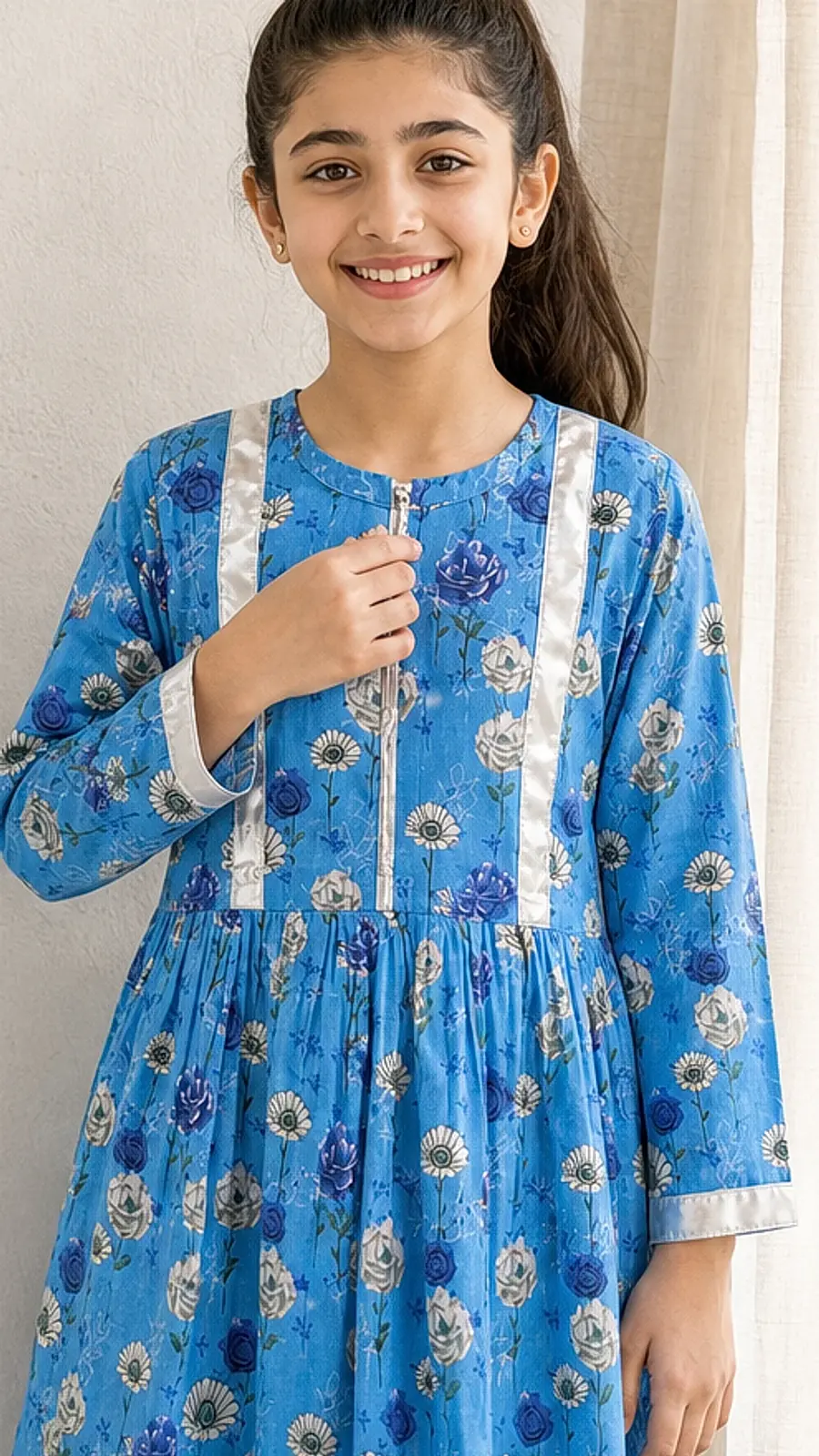 Girls Ocean Blue Floral Frock Shalwar Set