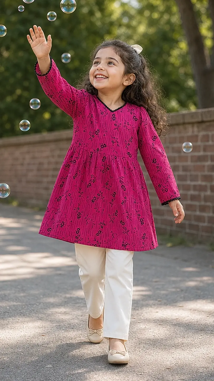 Girls Magenta Floral Kurta Pant Set