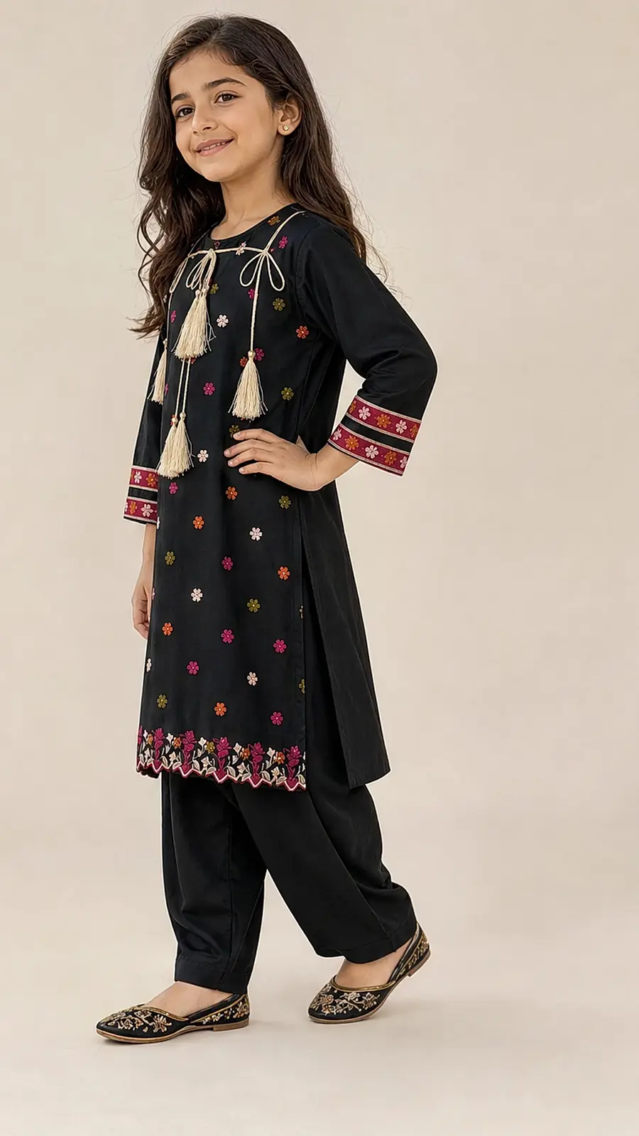 Girls Black Embroidered Kurta Salwar Set