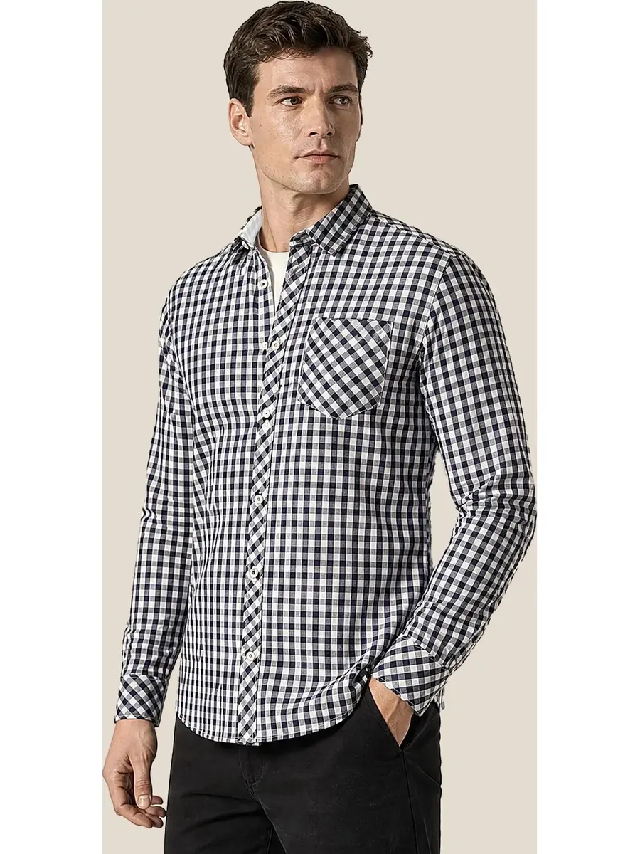 Recipe Men Navy White Gingham Check Long Sleeve Button-Down Shirt