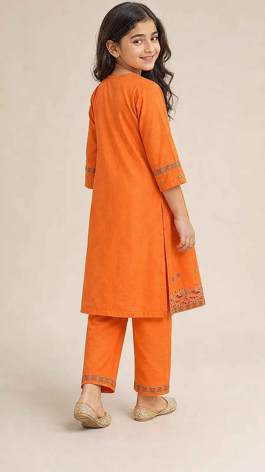 Girls Orange Embroidered Kurta Pant Set