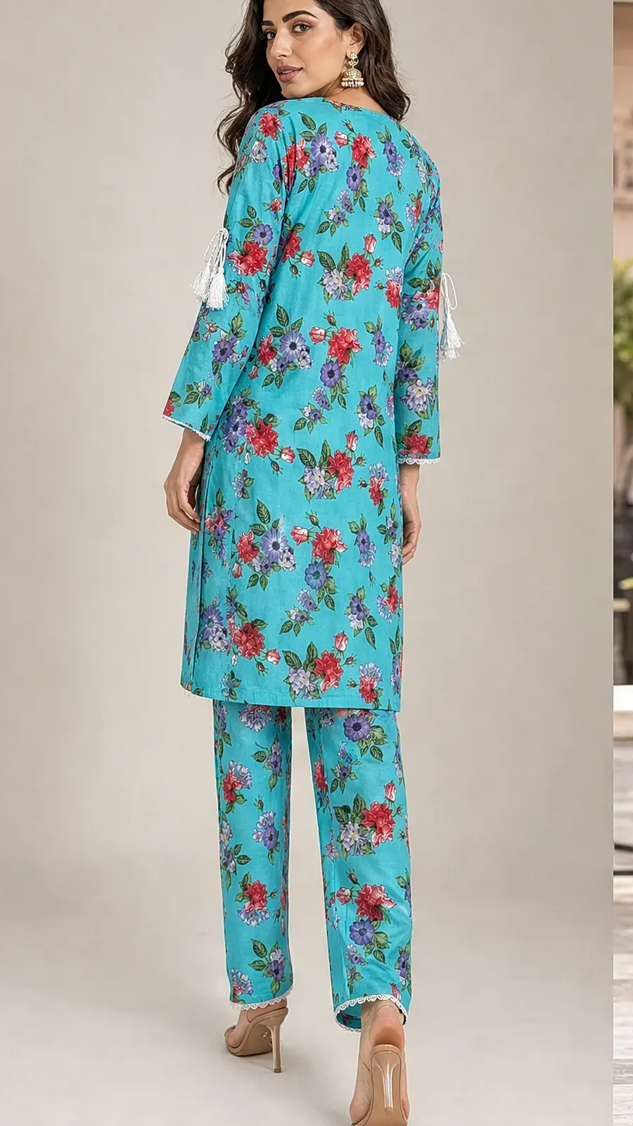 Turquoise Floral Cotton Lawn Co-ord Set