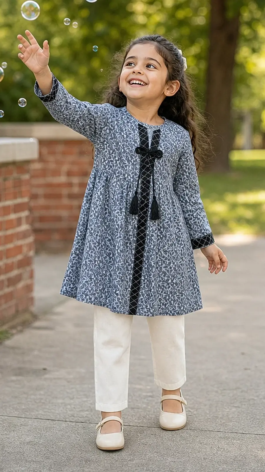 Girls Blue Printed Kurta Trouser Set