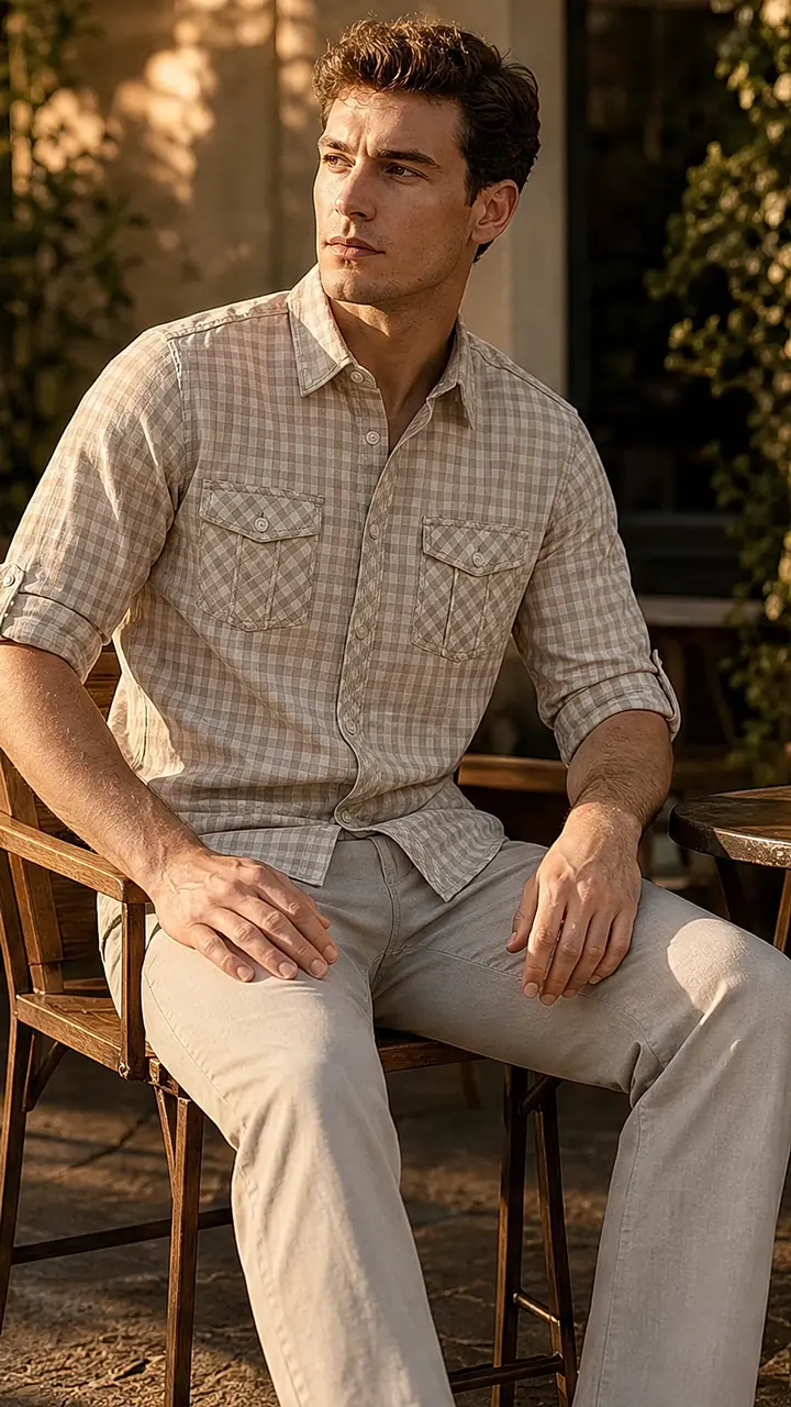 Men's Neutral Gingham Check Casual Shirt