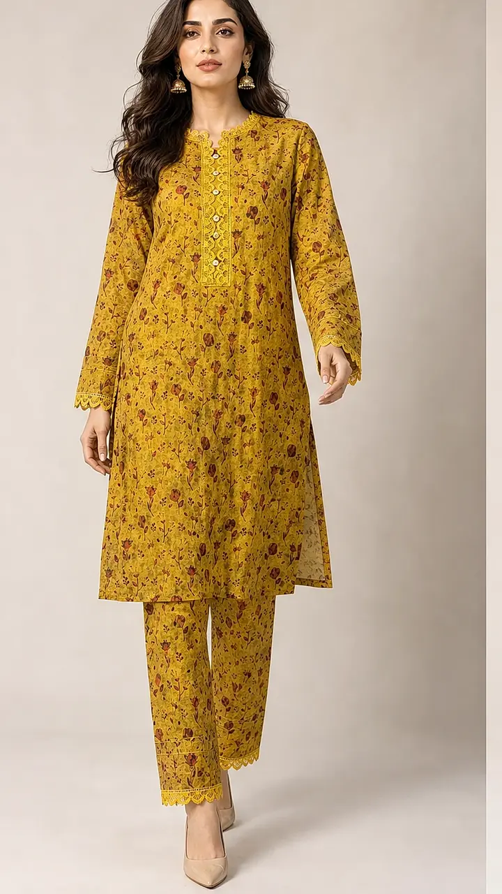Ochre Yellow Botanical Print Cotton Lawn 2-Piece Co-ord Set - Long Lenght Shirt