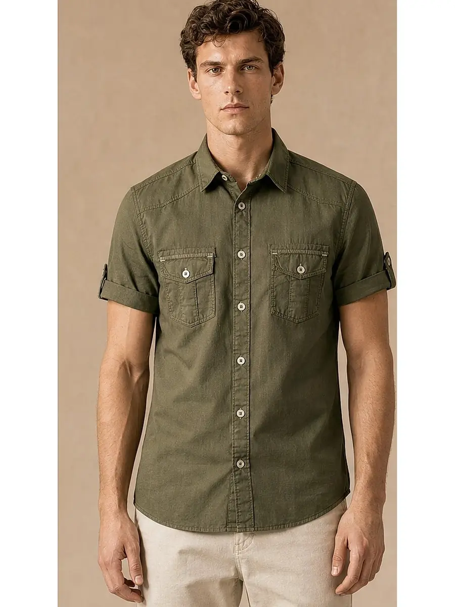 Olive Half Sleeve Pigment dyed Egyptian Cotton Shirt