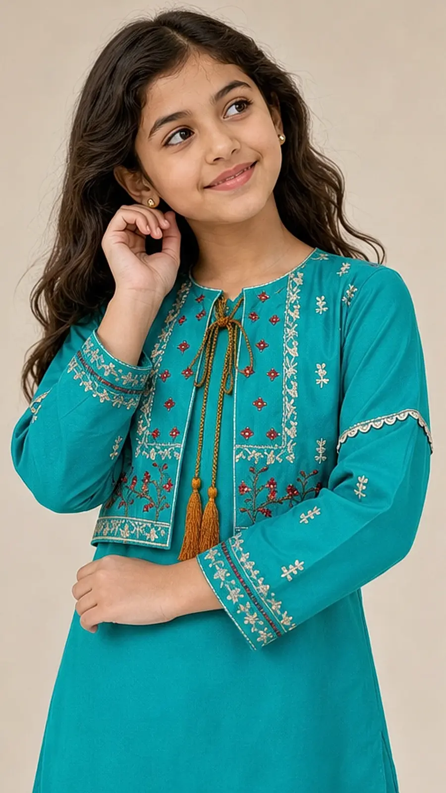 Teal Embroidered Girls Kurta Pant Set
