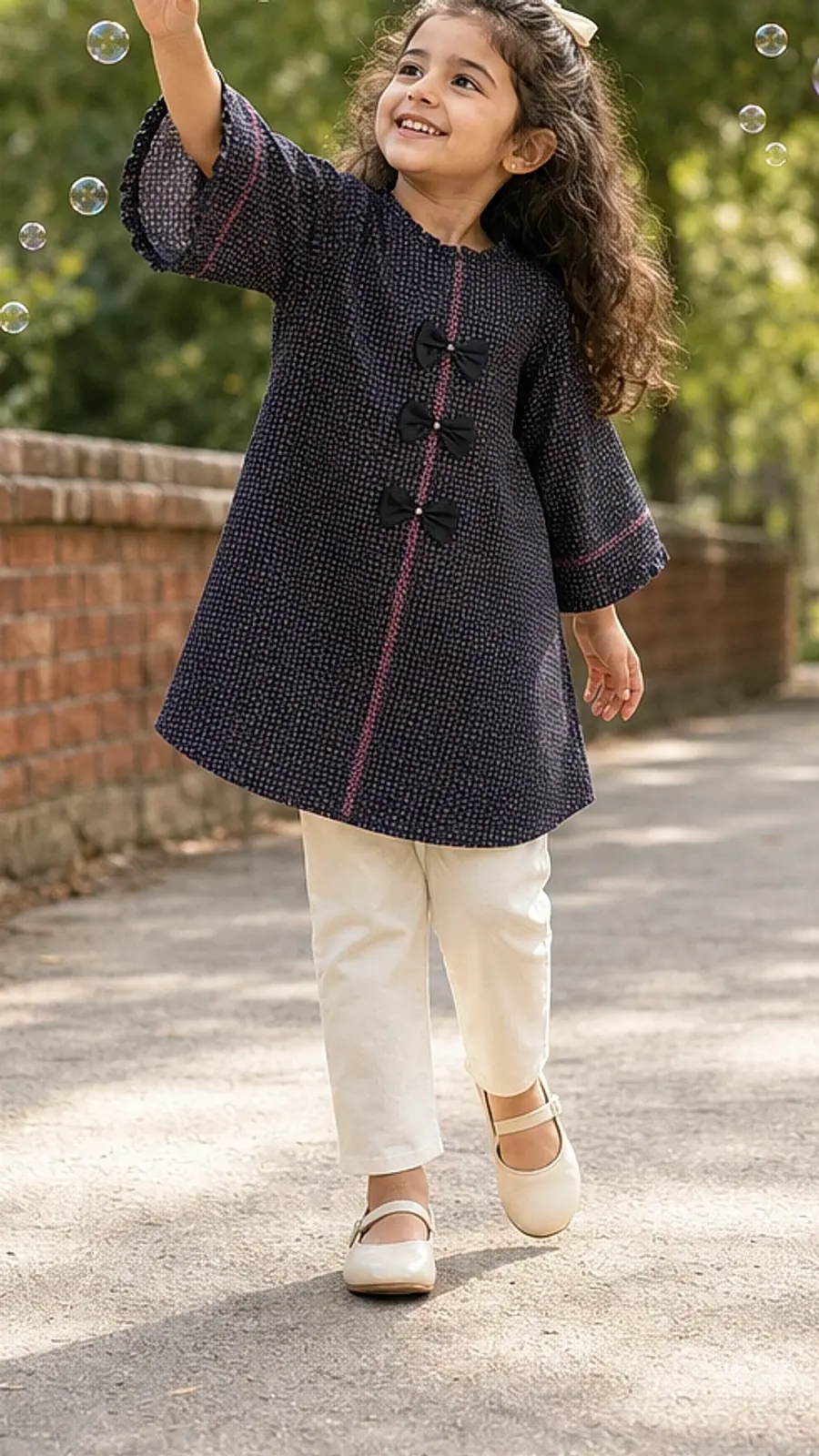 Girls Navy Printed Kurta Pant Set