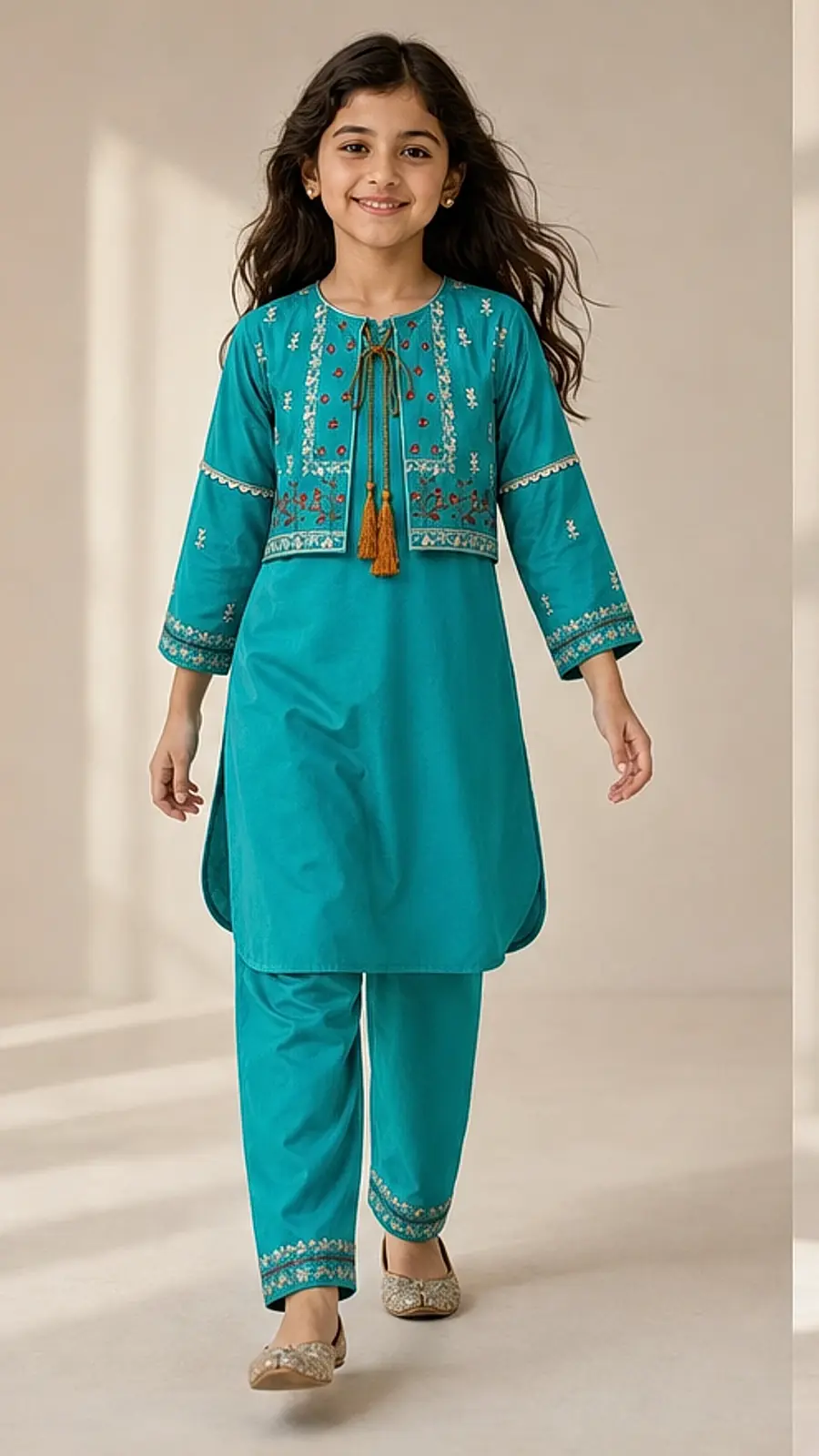 Teal Embroidered Girls Kurta Pant Set