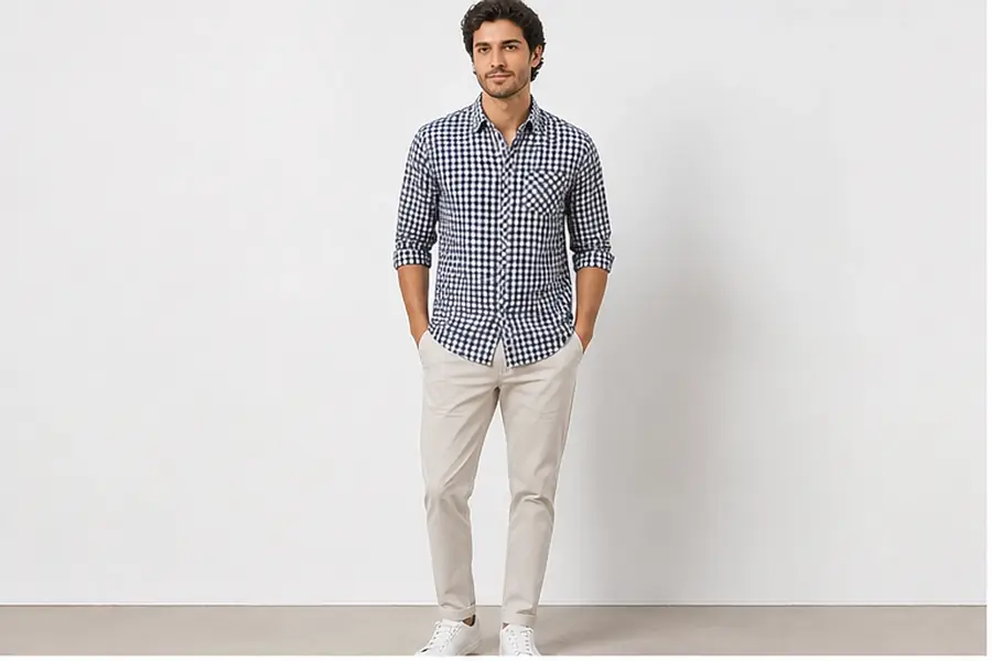 Navy_Black_white yarn dyed fine weaved Cotton Fabric soft Casual Shirt