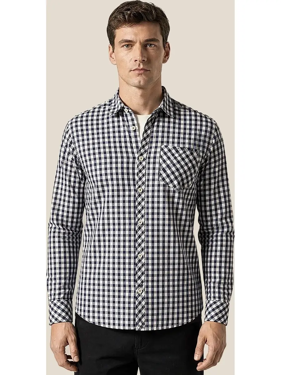 Recipe Men Navy White Gingham Check Long Sleeve Button-Down Shirt