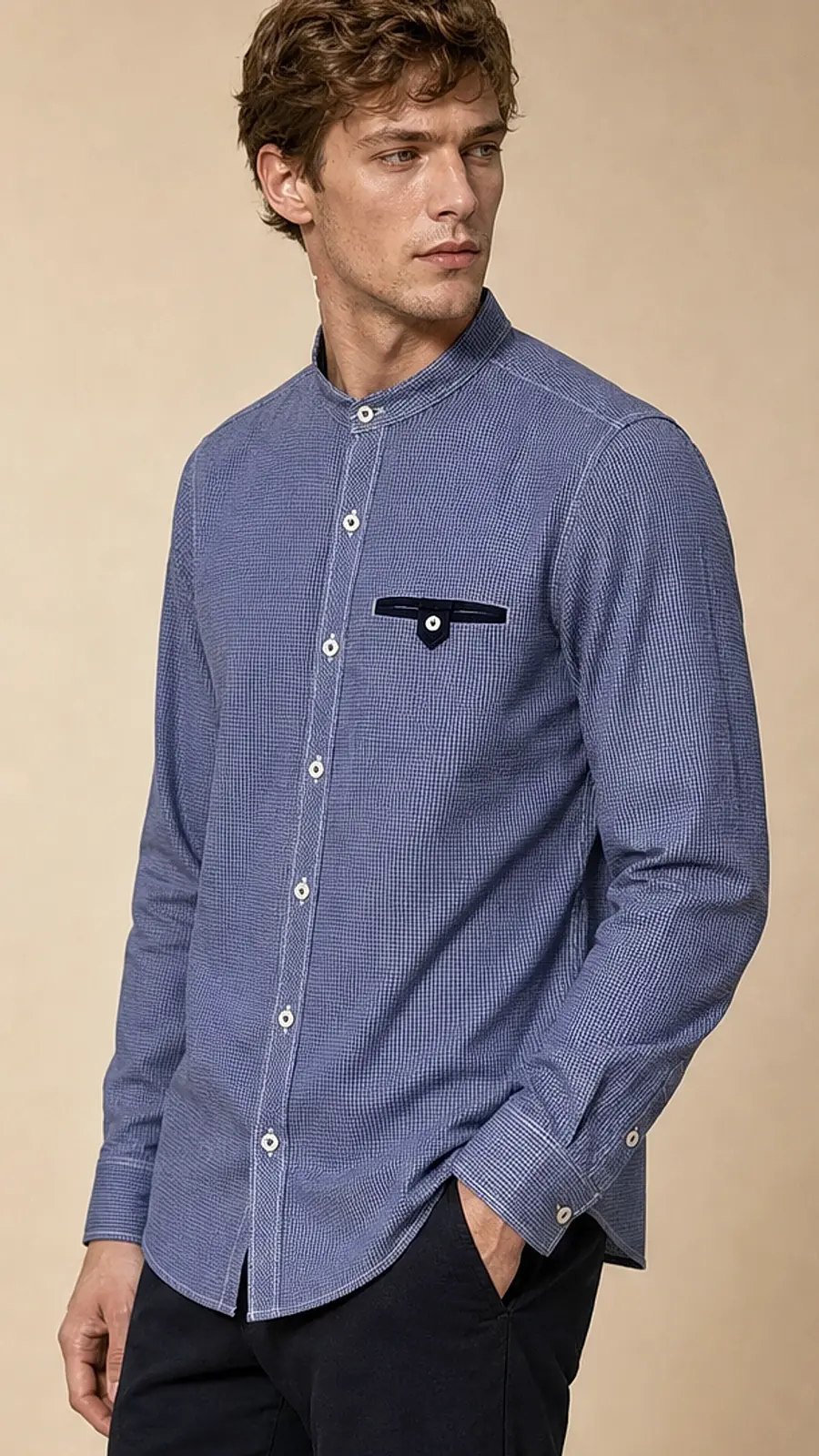 Blue Bajra Check Band Collar Shirt